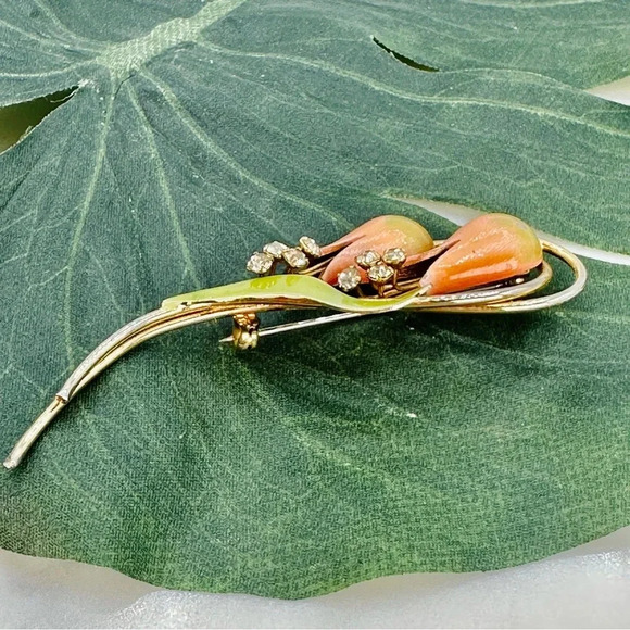 Vintage Flower Brooch Enamel Rhinestone PinTulip Lilly Long Peach Green … - Picture 7 of 11